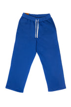 Blue sweatpants with a white drawstring on a white background